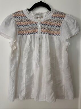 Faherty White 100% Linen Frankie Smocked Embroidered Top Size Medium